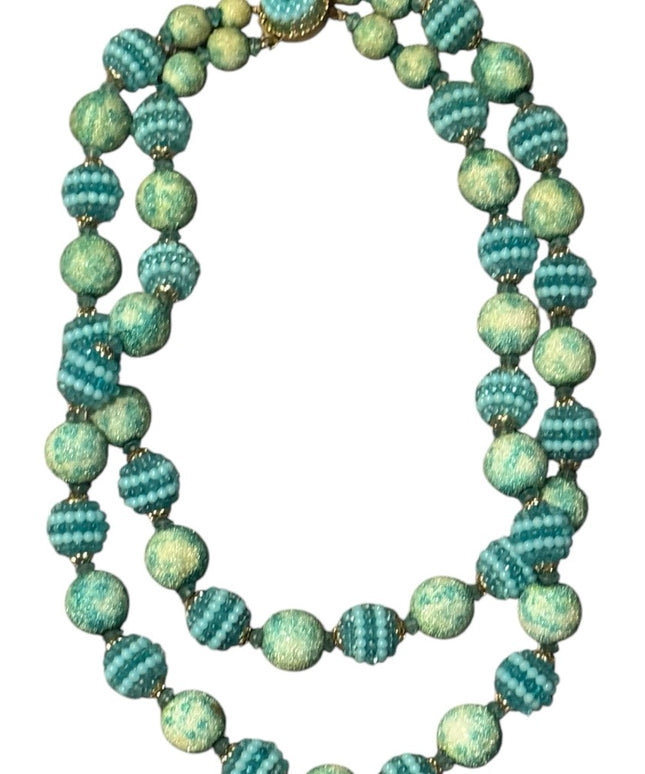 Elegant Vintage textured Green 2 strand Beaded Necklace Resin 1950s