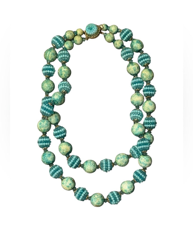Elegant Vintage textured Green 2 strand Beaded Necklace Resin 1950s