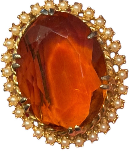 Elegant Vintage 1960s Gold and Orange Crystal large oval Brooch