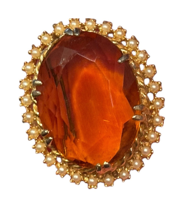 Elegant Vintage 1960s Gold and Orange Crystal large oval Brooch