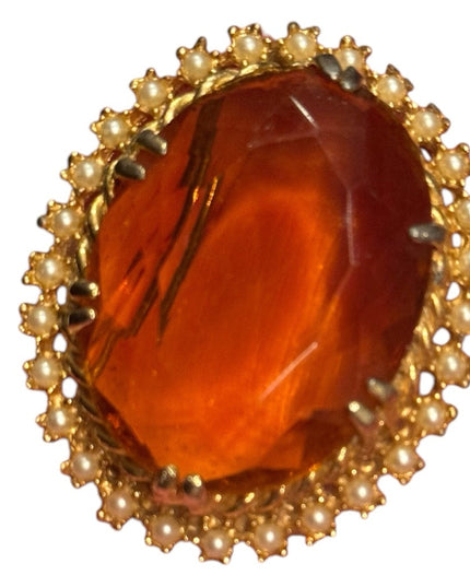 Elegant Vintage 1960s Gold and Orange Crystal large oval Brooch