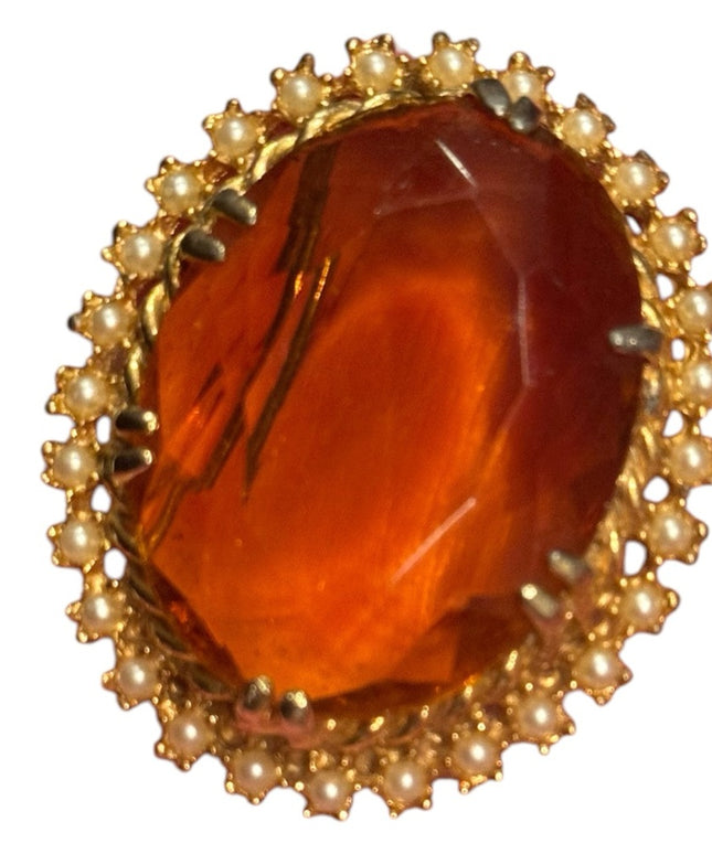 Elegant Vintage 1960s Gold and Orange Crystal large oval Brooch