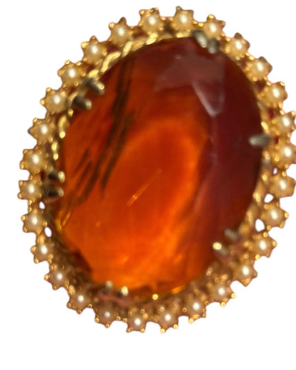 Elegant Vintage 1960s Gold and Orange Crystal large oval Brooch