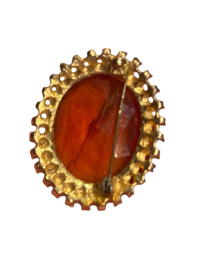Elegant Vintage 1960s Gold and Orange Crystal large oval Brooch