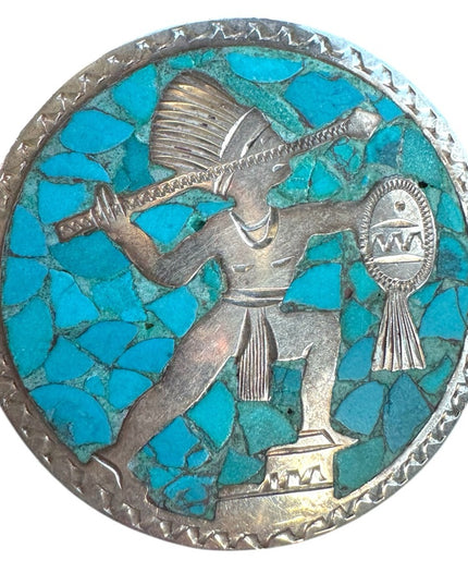 Sterling Silver Vintage 925 Taxco Turquoise Mosaic Indian Warrior Pendant brooch