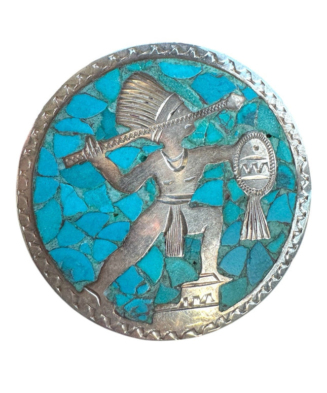 Sterling Silver Vintage 925 Taxco Turquoise Mosaic Indian Warrior Pendant brooch