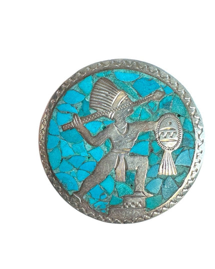 Sterling Silver Vintage 925 Taxco Turquoise Mosaic Indian Warrior Pendant brooch