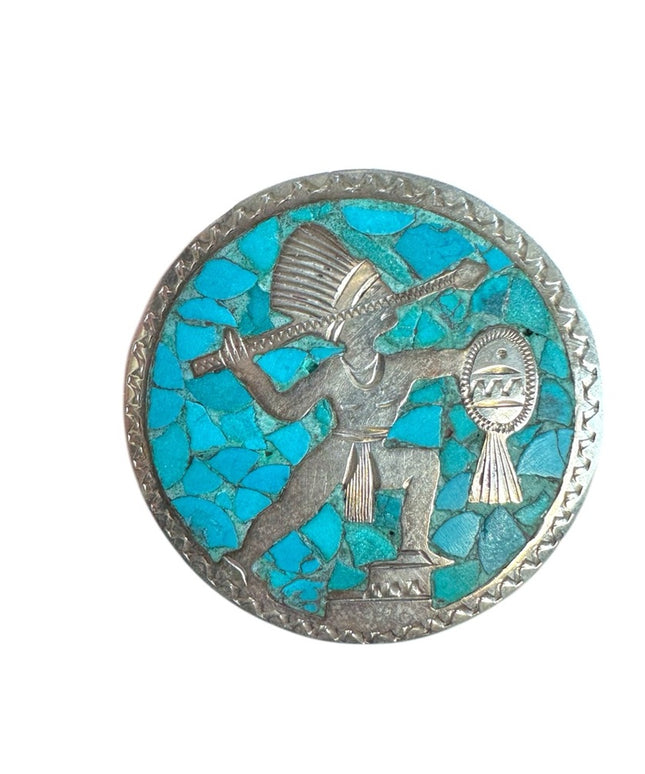 Sterling Silver Vintage 925 Taxco Turquoise Mosaic Indian Warrior Pendant brooch