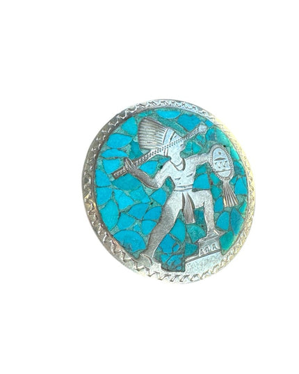 Sterling Silver Vintage 925 Taxco Turquoise Mosaic Indian Warrior Pendant brooch