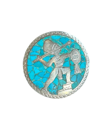 Sterling Silver Vintage 925 Taxco Turquoise Mosaic Indian Warrior Pendant brooch