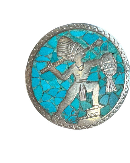 Sterling Silver Vintage 925 Taxco Turquoise Mosaic Indian Warrior Pendant brooch