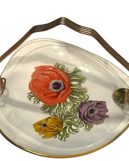 Vintage Floral Glass Tray England clear Chance glass Tray hand painted flowers