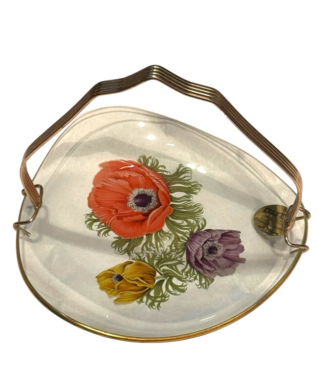 Vintage Floral Glass Tray England clear Chance glass Tray hand painted flowers