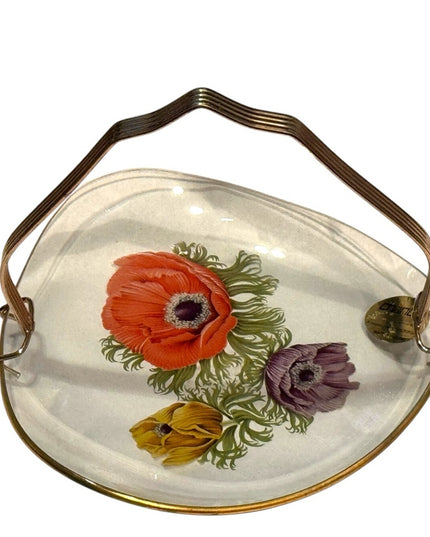 Vintage Floral Glass Tray England clear Chance glass Tray hand painted flowers