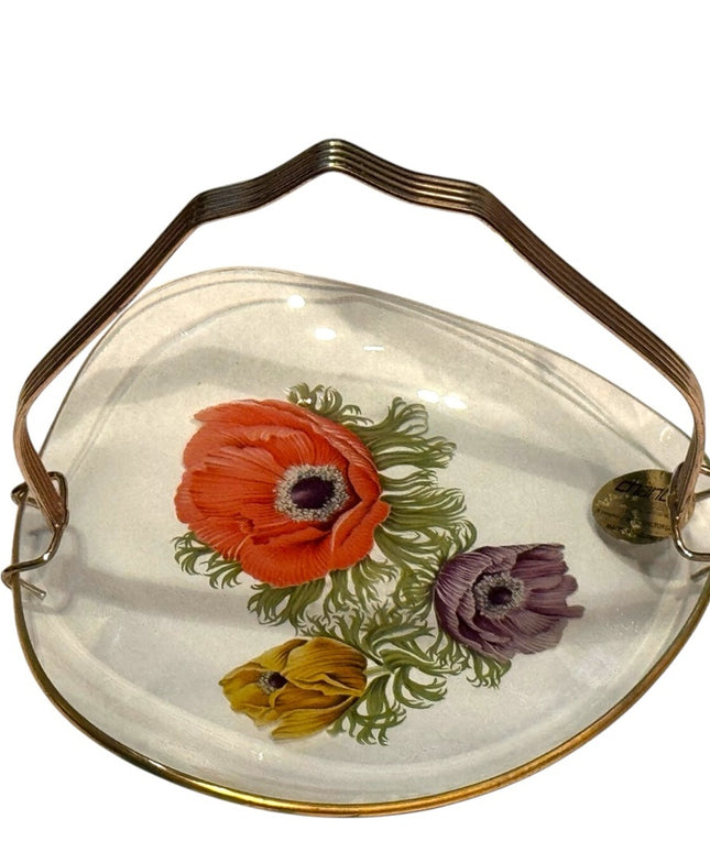 Vintage Floral Glass Tray England clear Chance glass Tray hand painted flowers