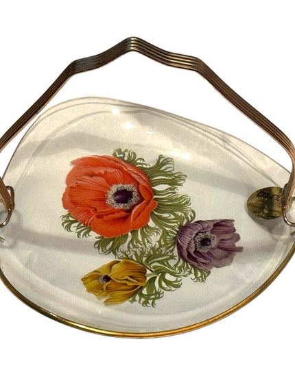 Vintage Floral Glass Tray England clear Chance glass Tray hand painted flowers