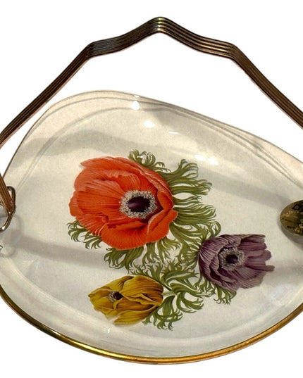 Vintage Floral Glass Tray England clear Chance glass Tray hand painted flowers