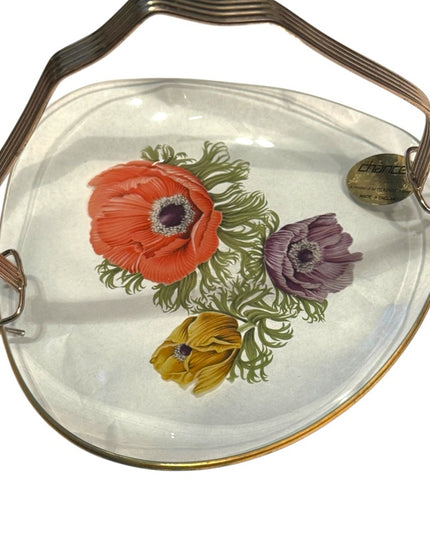 Vintage Floral Glass Tray England clear Chance glass Tray hand painted flowers
