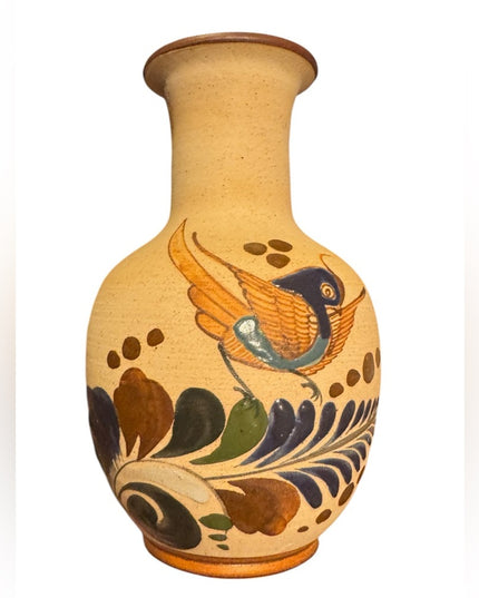 Vintage Tonala Mexican Art Pottery floral bird vase fine art ceramics artisan
