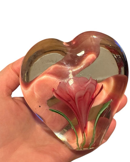 Heart-Shaped Glass Art Clear Pink Stemmed Rose Encased Paperweight Floral
