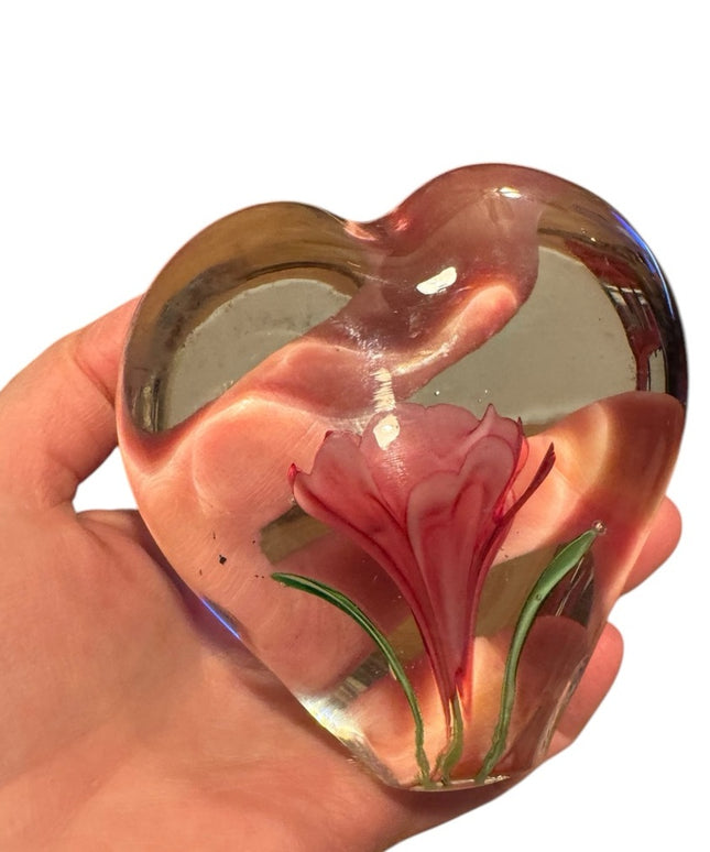 Heart-Shaped Glass Art Clear Pink Stemmed Rose Encased Paperweight Floral