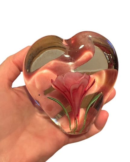 Heart-Shaped Glass Art Clear Pink Stemmed Rose Encased Paperweight Floral