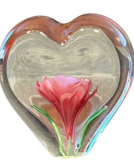 Heart-Shaped Glass Art Clear Pink Stemmed Rose Encased Paperweight Floral