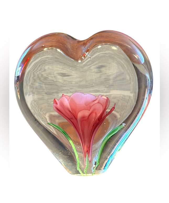 Heart-Shaped Glass Art Clear Pink Stemmed Rose Encased Paperweight Floral