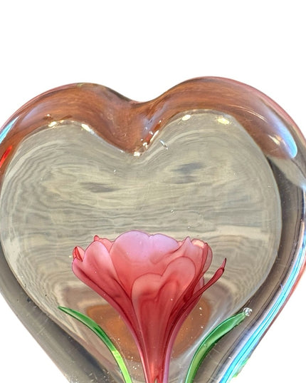 Heart-Shaped Glass Art Clear Pink Stemmed Rose Encased Paperweight Floral