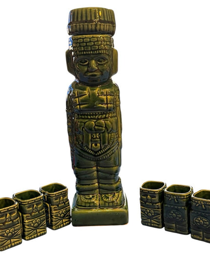 Vintage Mexico Aztec Mayan Tiki Statue liquor decanter Shot Glass Set 7 pcs