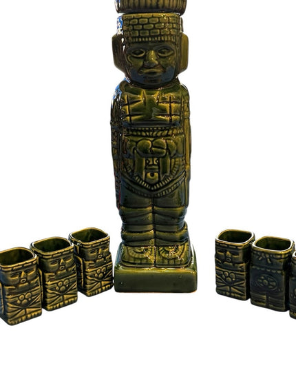 Vintage Mexico Aztec Mayan Tiki Statue liquor decanter Shot Glass Set 7 pcs