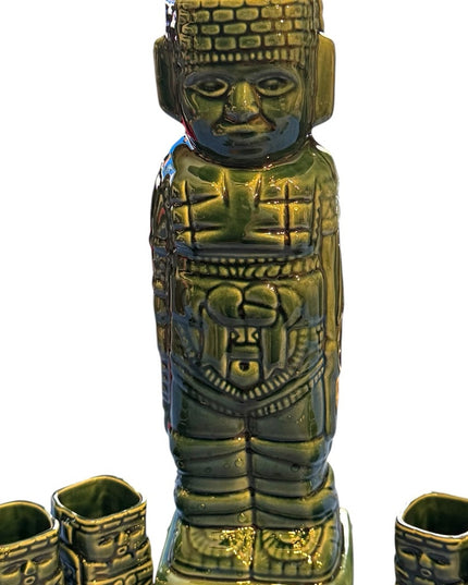 Vintage Mexico Aztec Mayan Tiki Statue liquor decanter Shot Glass Set 7 pcs