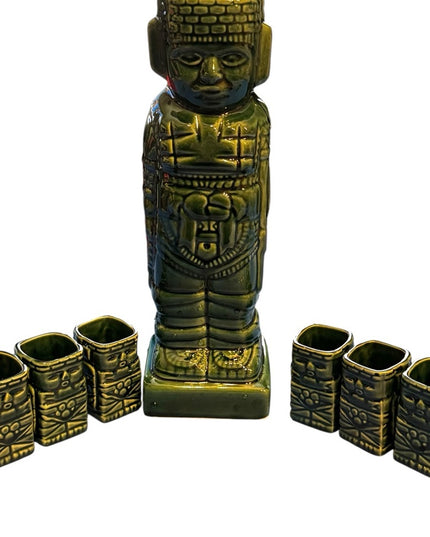 Vintage Mexico Aztec Mayan Tiki Statue liquor decanter Shot Glass Set 7 pcs