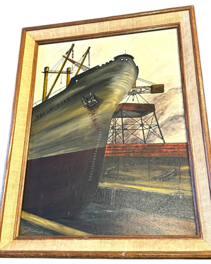 Vintage signed 1968 Framed Nautical Ship Burrard Dry Dock Vancouver Painting