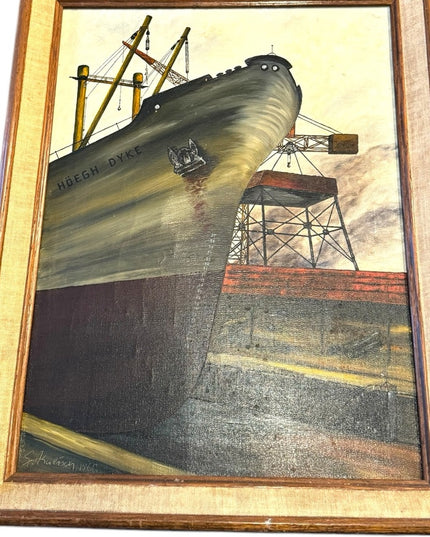 Vintage signed 1968 Framed Nautical Ship Burrard Dry Dock Vancouver Painting