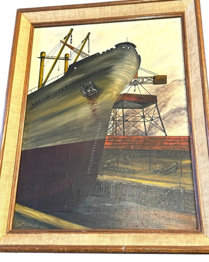 Vintage signed 1968 Framed Nautical Ship Burrard Dry Dock Vancouver Painting