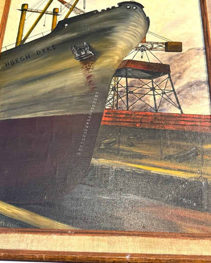 Vintage signed 1968 Framed Nautical Ship Burrard Dry Dock Vancouver Painting