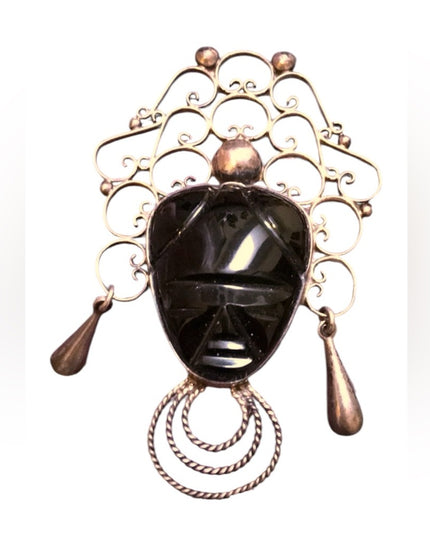VTG sterling silver Aztec black onyx brooch LG