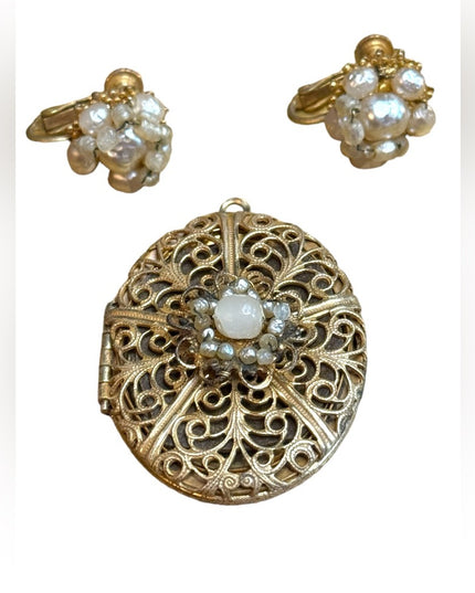 Vintage Rare MIRIAM HASKELL Signed Filigree Locket w Faux Pearls & earrings