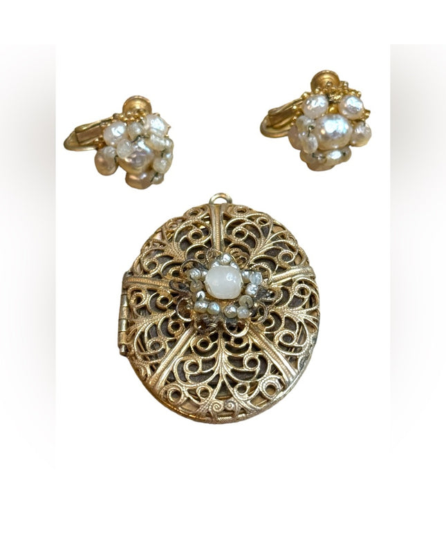 Vintage Rare MIRIAM HASKELL Signed Filigree Locket w Faux Pearls & earrings