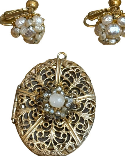 Vintage Rare MIRIAM HASKELL Signed Filigree Locket w Faux Pearls & earrings
