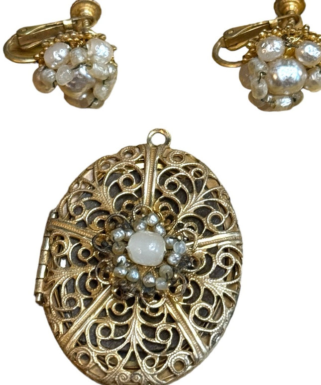 Vintage Rare MIRIAM HASKELL Signed Filigree Locket w Faux Pearls & earrings