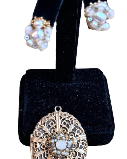 Vintage Rare MIRIAM HASKELL Signed Filigree Locket w Faux Pearls & earrings