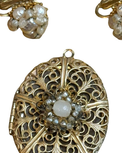 Vintage Rare MIRIAM HASKELL Signed Filigree Locket w Faux Pearls & earrings