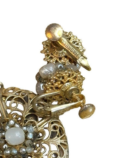 Vintage Rare MIRIAM HASKELL Signed Filigree Locket w Faux Pearls & earrings