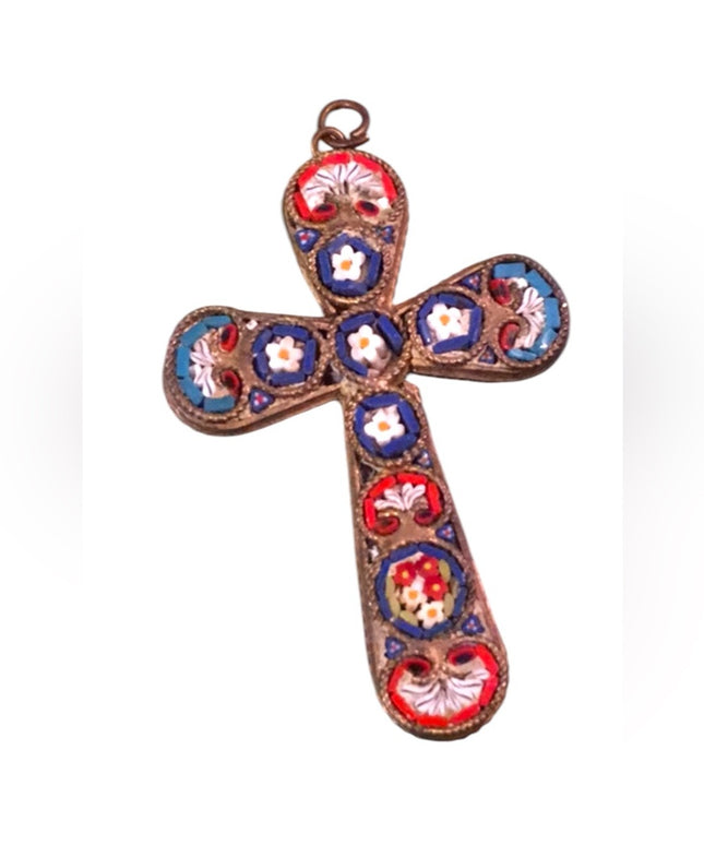 Vintage Italian Glass mosaic cross pendant Brass