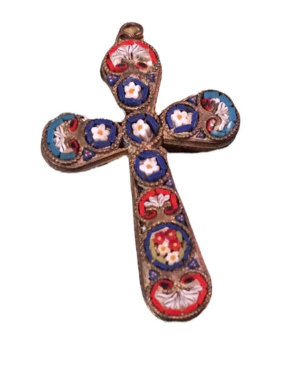 Vintage Italian Glass mosaic cross pendant Brass