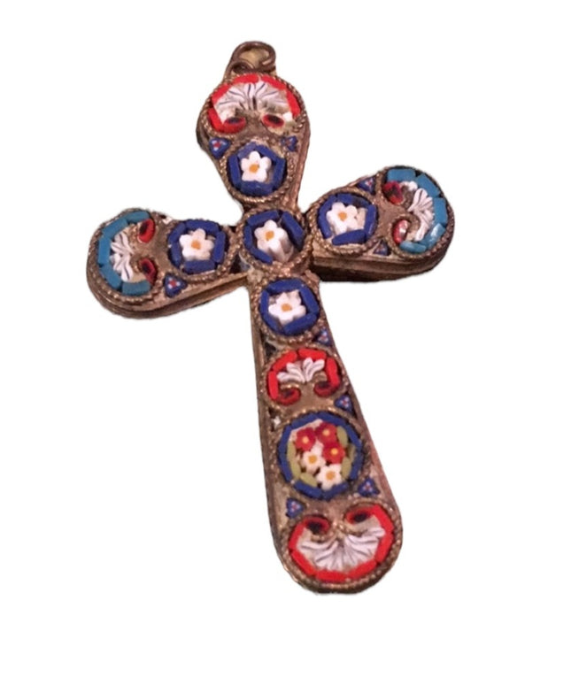 Vintage Italian Glass mosaic cross pendant Brass