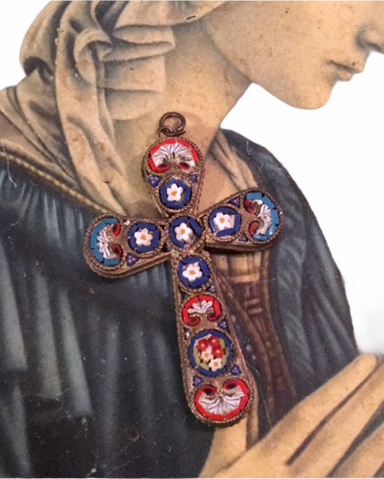 Vintage Italian Glass mosaic cross pendant Brass