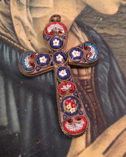 Vintage Italian Glass mosaic cross pendant Brass